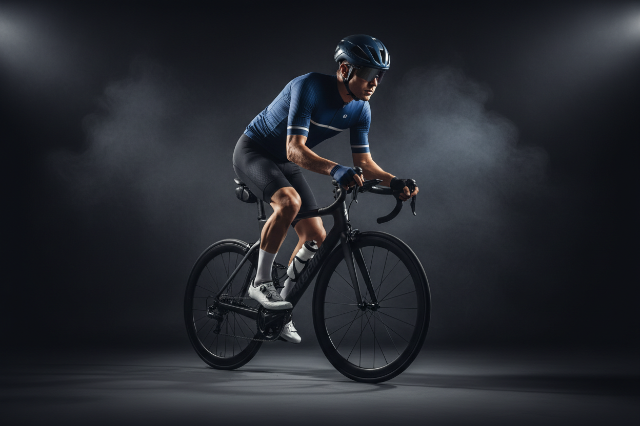 ciclista con abbigliamento professionale su sfondo scuro
