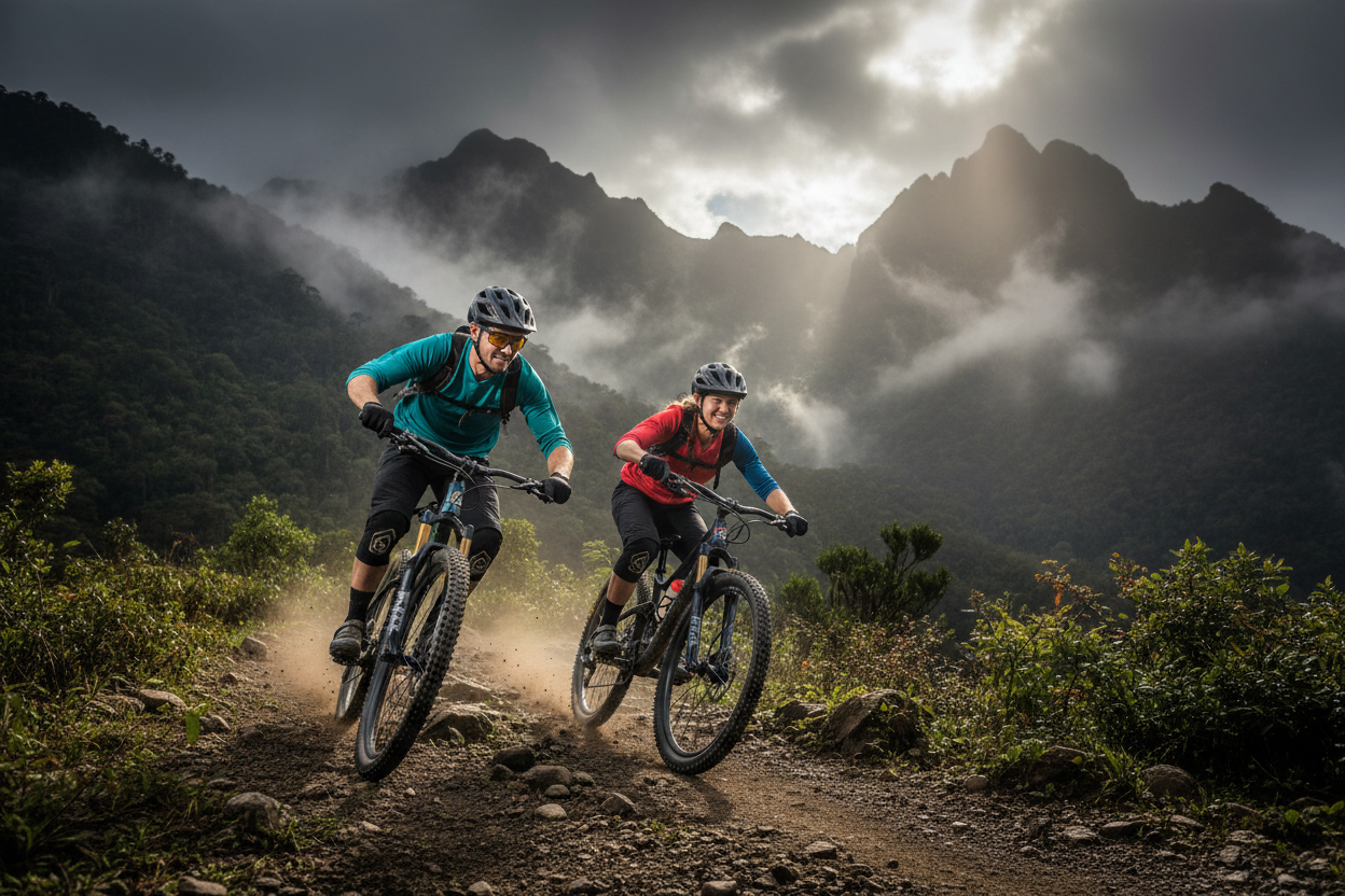 coppia uomo e donna che va in mountain bike, sfondo scuro