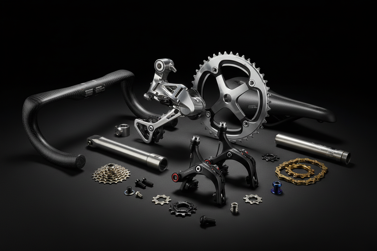 crea un'immagine di componenti di bicicletta professionali con sfondo scuro