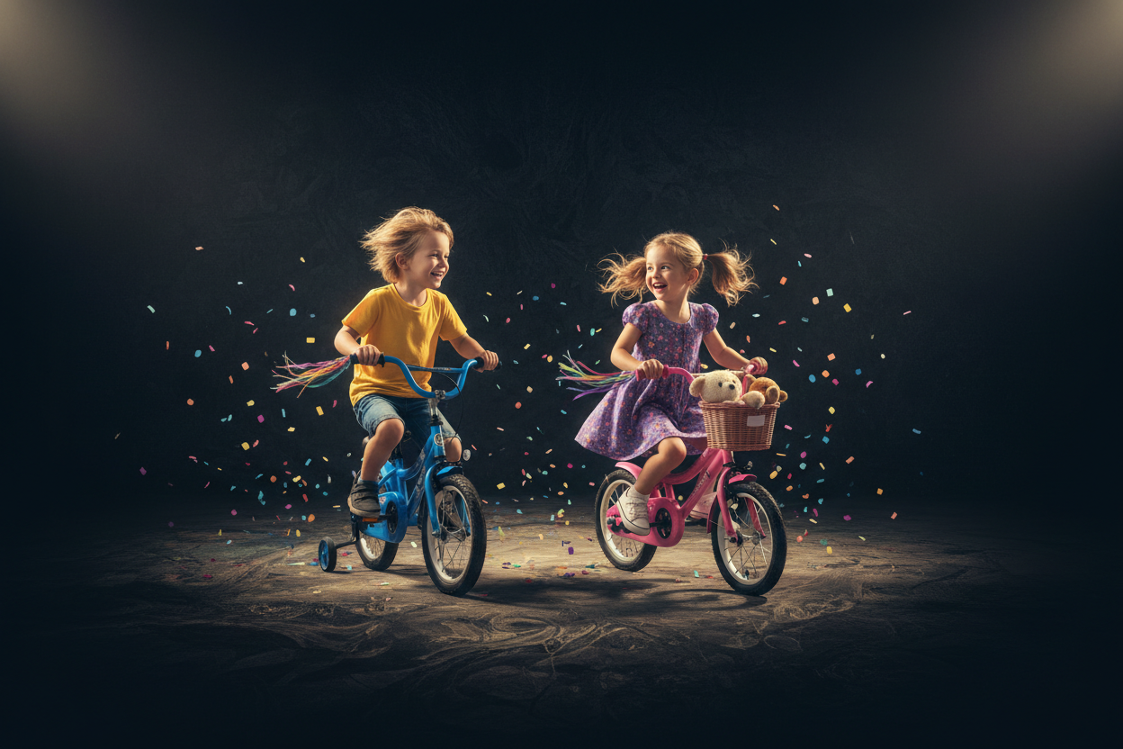 genera una immagine di due bambini su biciclette da bambino con sfondo scuro